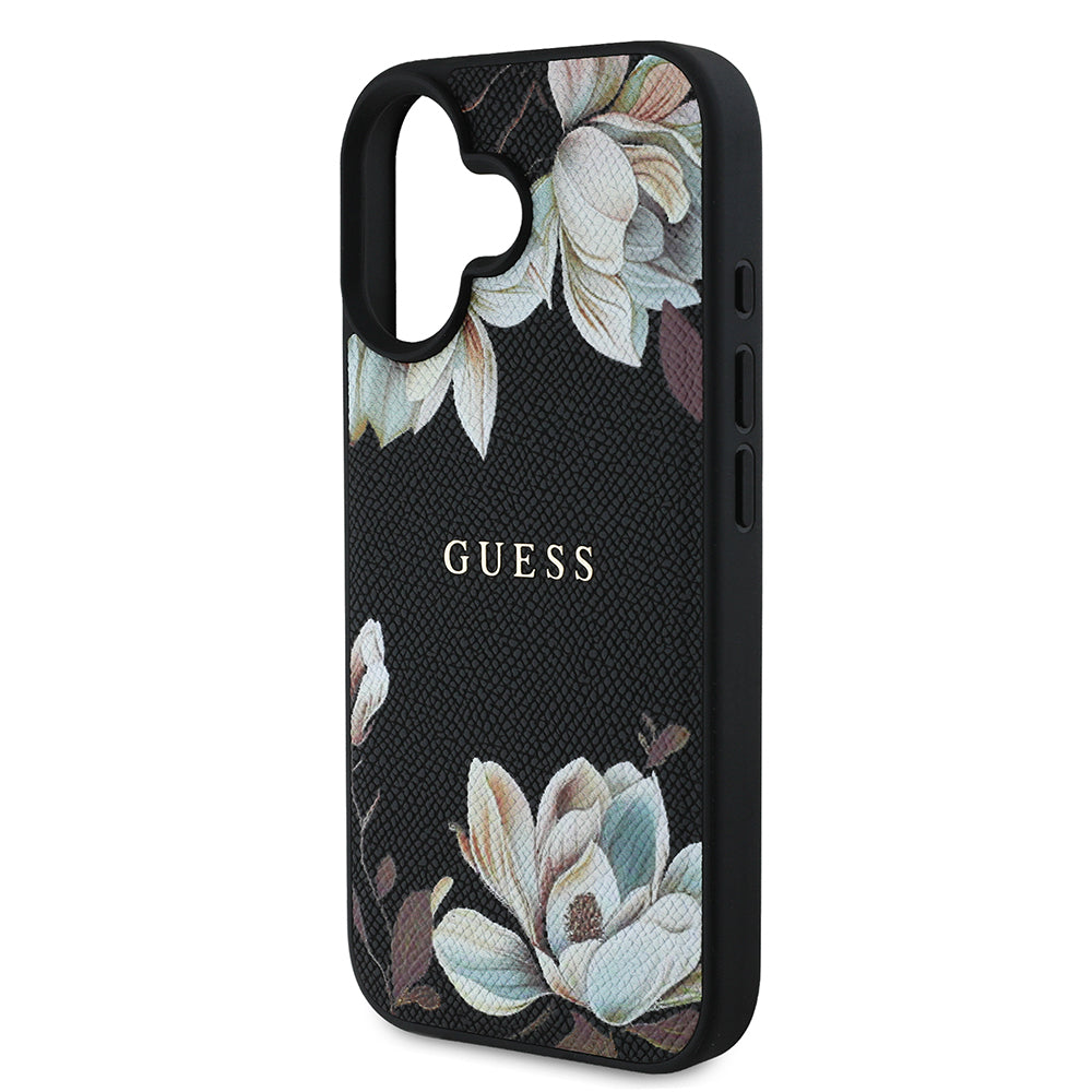 iPhone 16 Kılıf Guess Orijinal Lisanslı M-safe Şarj Özellikli Taneli Çiçek Tasarımlı Metal Yazı Logolu Kılıf