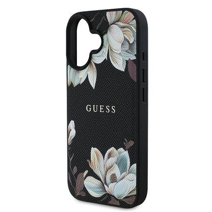 iPhone 16 Kılıf Guess Orijinal Lisanslı M-safe Şarj Özellikli Taneli Çiçek Tasarımlı Metal Yazı Logolu Kılıf