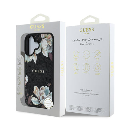 iPhone 16 Kılıf Guess Orijinal Lisanslı M-safe Şarj Özellikli Taneli Çiçek Tasarımlı Metal Yazı Logolu Kılıf