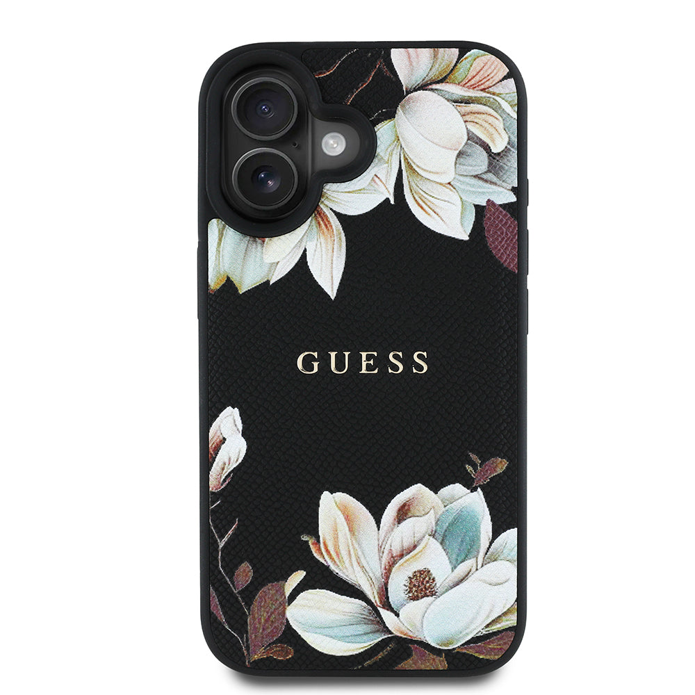 iPhone 16 Kılıf Guess Orijinal Lisanslı M-safe Şarj Özellikli Taneli Çiçek Tasarımlı Metal Yazı Logolu Kılıf