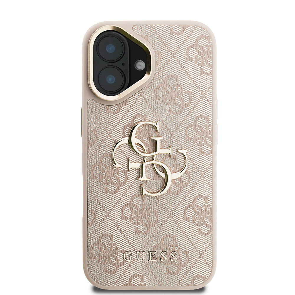 iPhone 16 Kılıf Guess Orijinal Lisanslı PU Deri 4G Desenli Metal Büyük 4G ve Yazı Logolu Kamera Standlı Kılıf