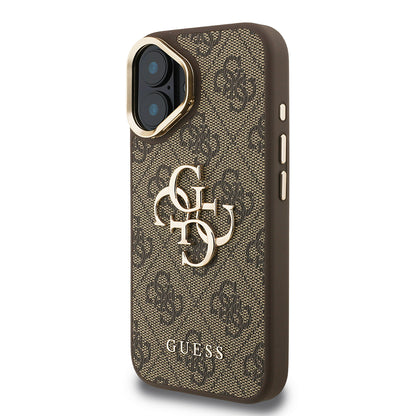 iPhone 16 Kılıf Guess Orijinal Lisanslı PU Deri 4G Desenli Metal Büyük 4G ve Yazı Logolu Kamera Standlı Kılıf