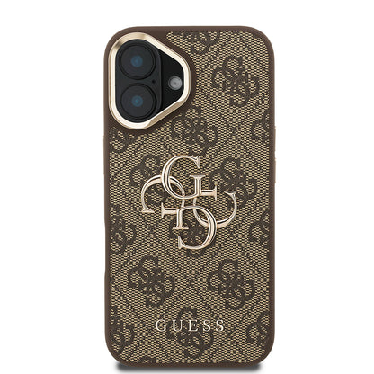 iPhone 16 Kılıf Guess Orijinal Lisanslı PU Deri 4G Desenli Metal Büyük 4G ve Yazı Logolu Kamera Standlı Kılıf