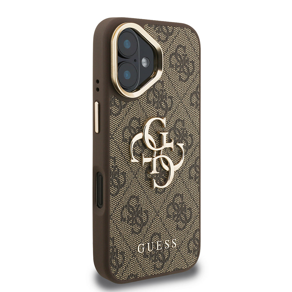 iPhone 16 Kılıf Guess Orijinal Lisanslı PU Deri 4G Desenli Metal Büyük 4G ve Yazı Logolu Kamera Standlı Kılıf