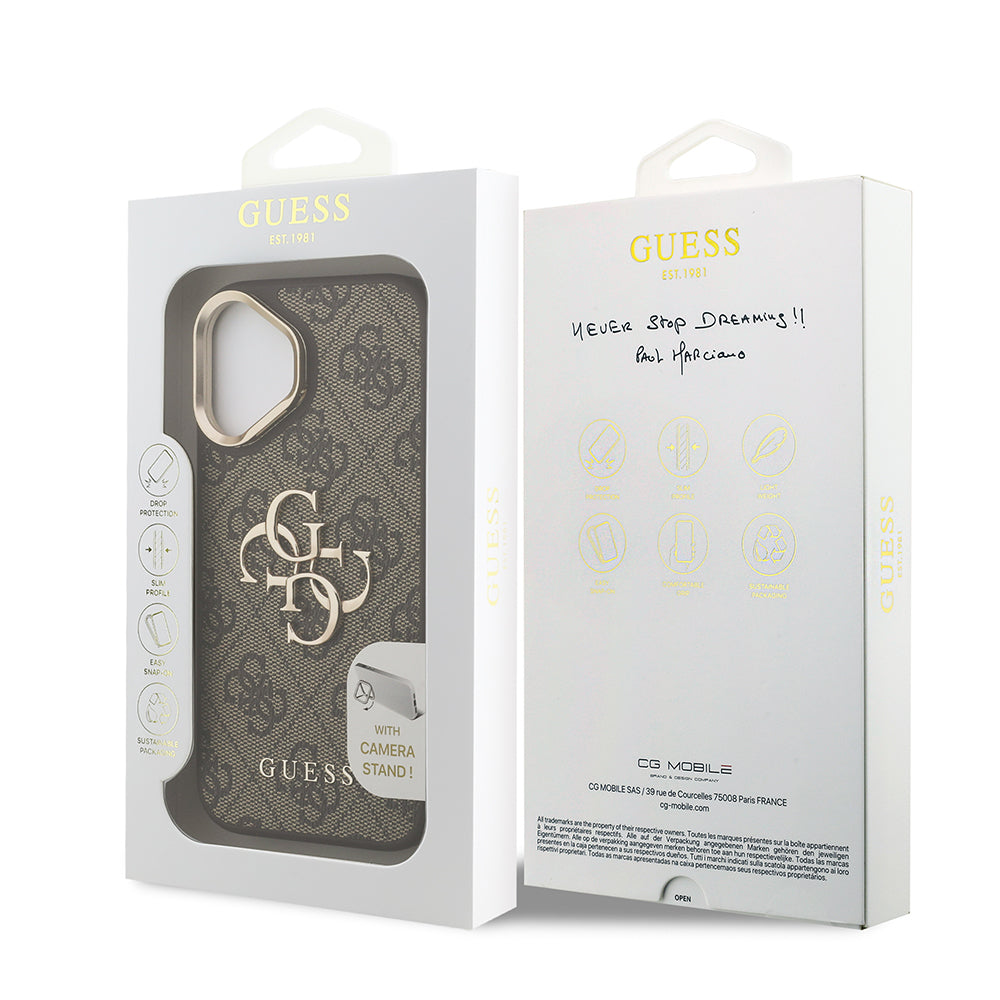 iPhone 16 Kılıf Guess Orijinal Lisanslı PU Deri 4G Desenli Metal Büyük 4G ve Yazı Logolu Kamera Standlı Kılıf