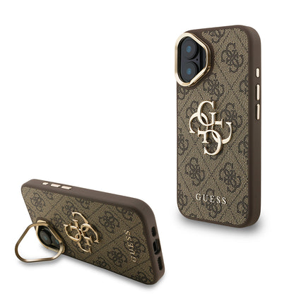 iPhone 16 Kılıf Guess Orijinal Lisanslı PU Deri 4G Desenli Metal Büyük 4G ve Yazı Logolu Kamera Standlı Kılıf