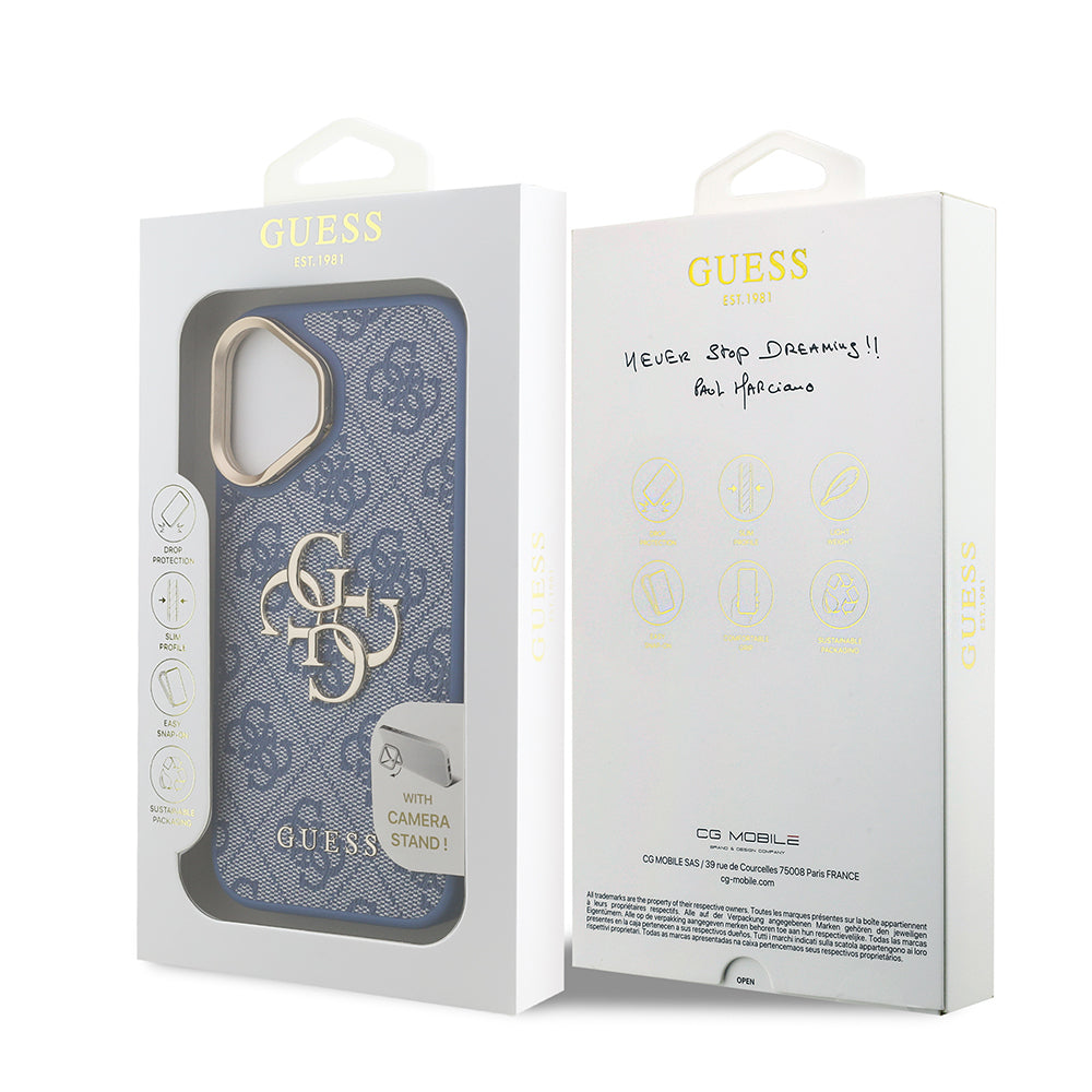 iPhone 16 Kılıf Guess Orijinal Lisanslı PU Deri 4G Desenli Metal Büyük 4G ve Yazı Logolu Kamera Standlı Kılıf