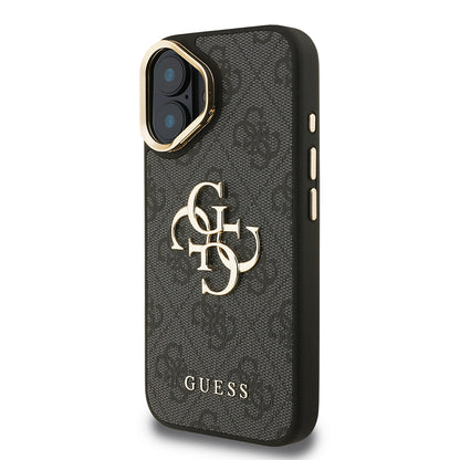 iPhone 16 Kılıf Guess Orijinal Lisanslı PU Deri 4G Desenli Metal Büyük 4G ve Yazı Logolu Kamera Standlı Kılıf