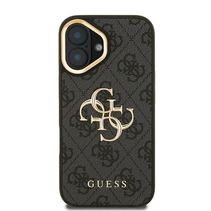 iPhone 16 Kılıf Guess Orijinal Lisanslı PU Deri 4G Desenli Metal Büyük 4G ve Yazı Logolu Kamera Standlı Kılıf