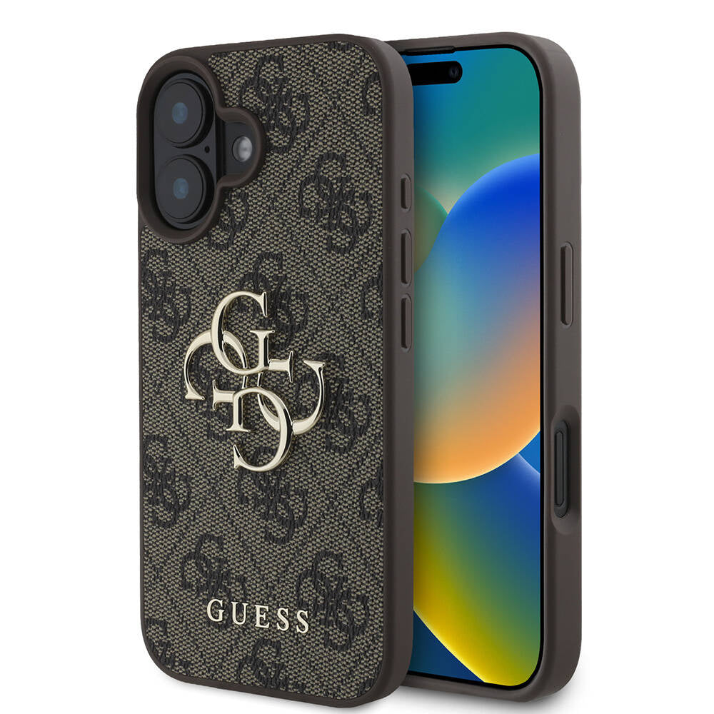 iPhone 16 Kılıf Guess Orijinal Lisanslı PU Deri 4G Desenli Metal Büyük 4G ve Yazı Logolu Kılıf