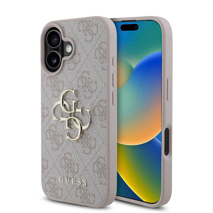 iPhone 16 Kılıf Guess Orijinal Lisanslı PU Deri 4G Desenli Metal Büyük 4G ve Yazı Logolu Kılıf