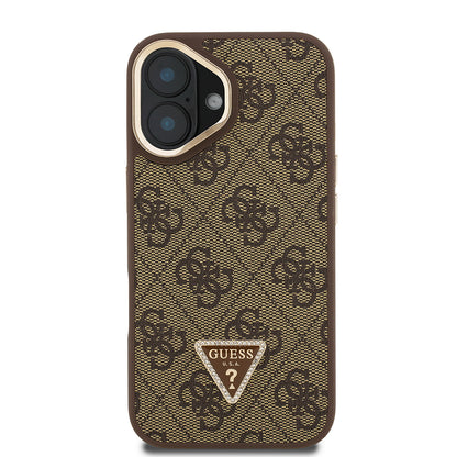 iPhone 16 Kılıf Guess Orijinal Lisanslı PU Deri Taşlı Üçgen Logo 4G Desenli Kamera Standlı Kılıf