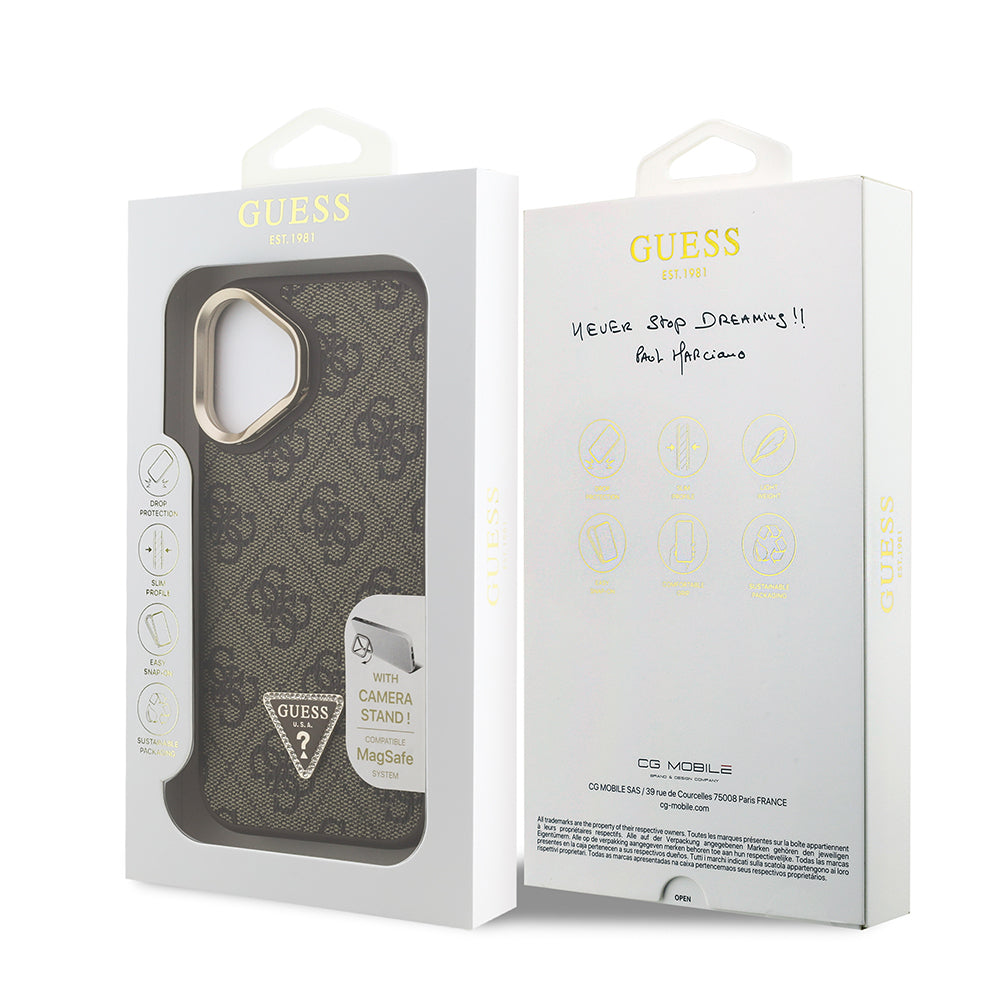 iPhone 16 Kılıf Guess Orijinal Lisanslı PU Deri Taşlı Üçgen Logo 4G Desenli Kamera Standlı Kılıf