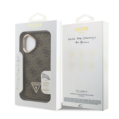 iPhone 16 Kılıf Guess Orijinal Lisanslı PU Deri Taşlı Üçgen Logo 4G Desenli Kamera Standlı Kılıf