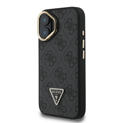 iPhone 16 Kılıf Guess Orijinal Lisanslı PU Deri Taşlı Üçgen Logo 4G Desenli Kamera Standlı Kılıf