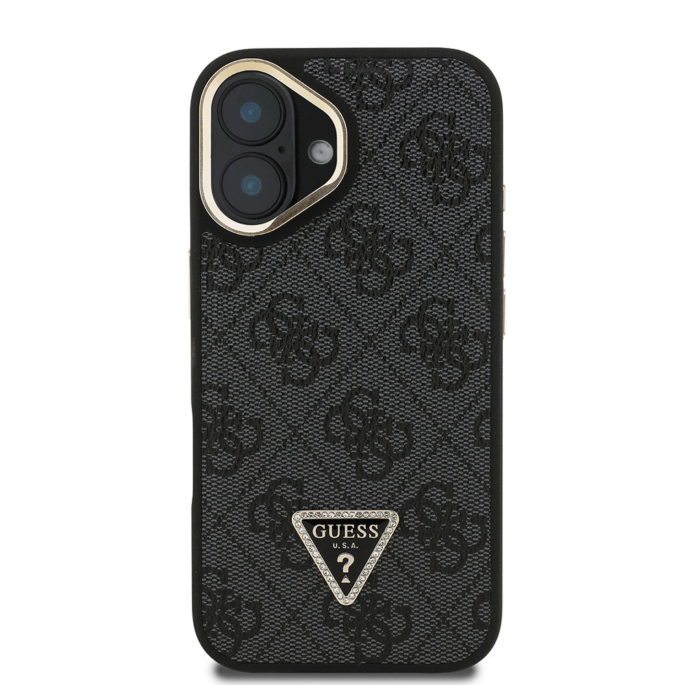 iPhone 16 Kılıf Guess Orijinal Lisanslı PU Deri Taşlı Üçgen Logo 4G Desenli Kamera Standlı Kılıf