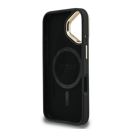 iPhone 16 Kılıf Guess Orijinal Lisanslı PU Deri Taşlı Üçgen Logo 4G Desenli Kamera Standlı Kılıf