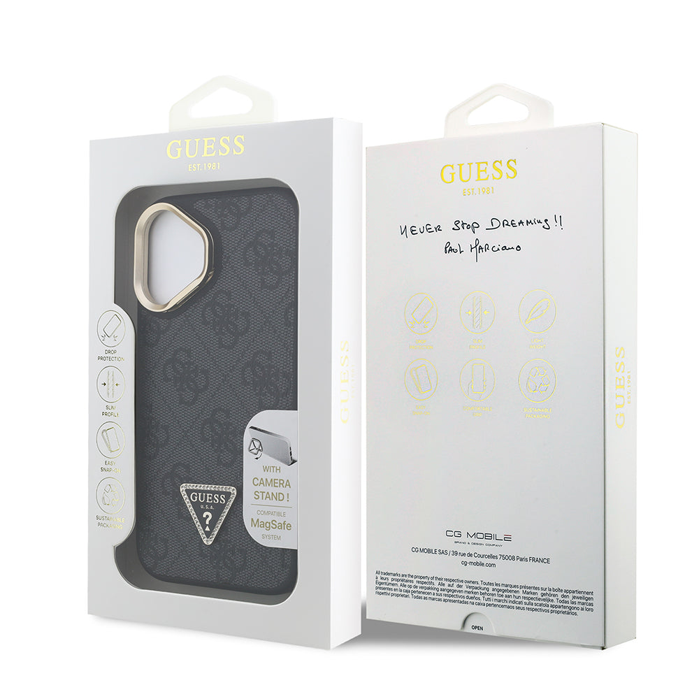 iPhone 16 Kılıf Guess Orijinal Lisanslı PU Deri Taşlı Üçgen Logo 4G Desenli Kamera Standlı Kılıf