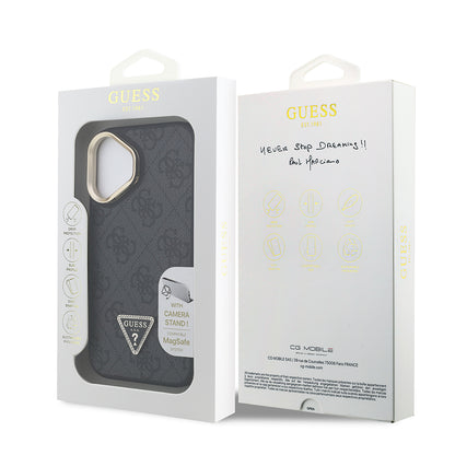 iPhone 16 Kılıf Guess Orijinal Lisanslı PU Deri Taşlı Üçgen Logo 4G Desenli Kamera Standlı Kılıf