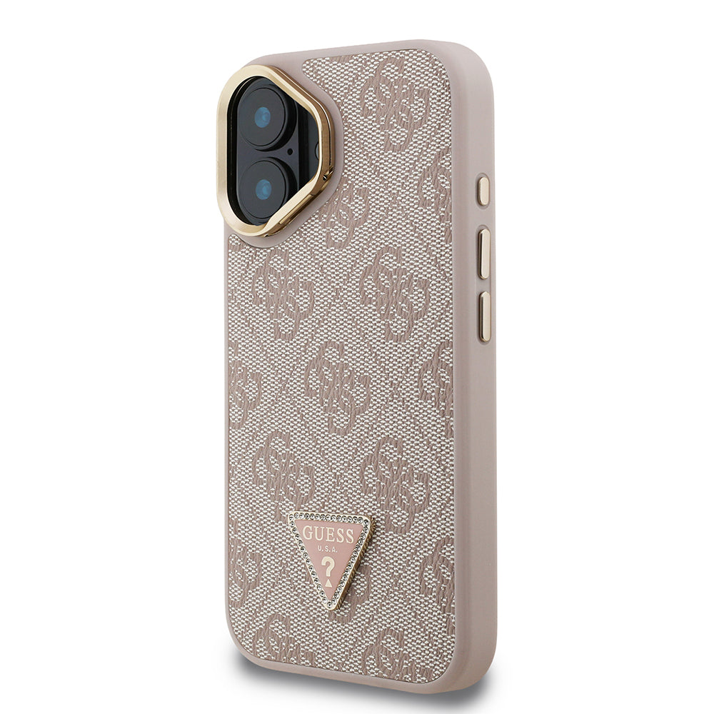 iPhone 16 Kılıf Guess Orijinal Lisanslı PU Deri Taşlı Üçgen Logo 4G Desenli Kamera Standlı Kılıf