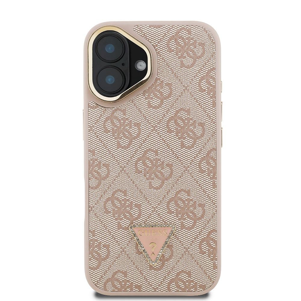 iPhone 16 Kılıf Guess Orijinal Lisanslı PU Deri Taşlı Üçgen Logo 4G Desenli Kamera Standlı Kılıf