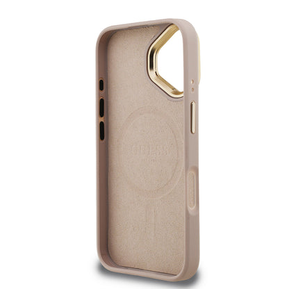 iPhone 16 Kılıf Guess Orijinal Lisanslı PU Deri Taşlı Üçgen Logo 4G Desenli Kamera Standlı Kılıf