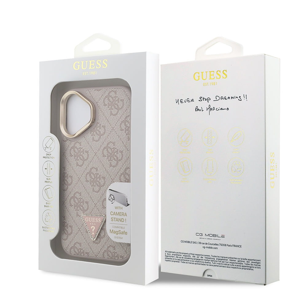 iPhone 16 Kılıf Guess Orijinal Lisanslı PU Deri Taşlı Üçgen Logo 4G Desenli Kamera Standlı Kılıf