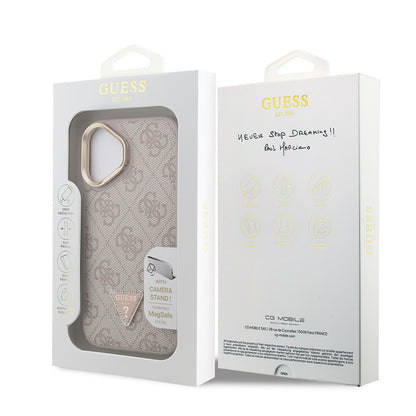 iPhone 16 Kılıf Guess Orijinal Lisanslı PU Deri Taşlı Üçgen Logo 4G Desenli Kamera Standlı Kılıf