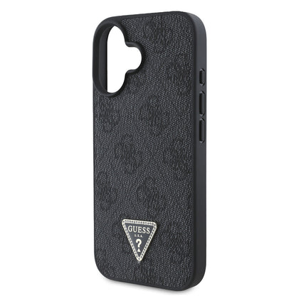 iPhone 16 Kılıf Guess Orijinal Lisanslı PU Deri Taşlı Üçgen Logo 4G Desenli Strass Kılıf