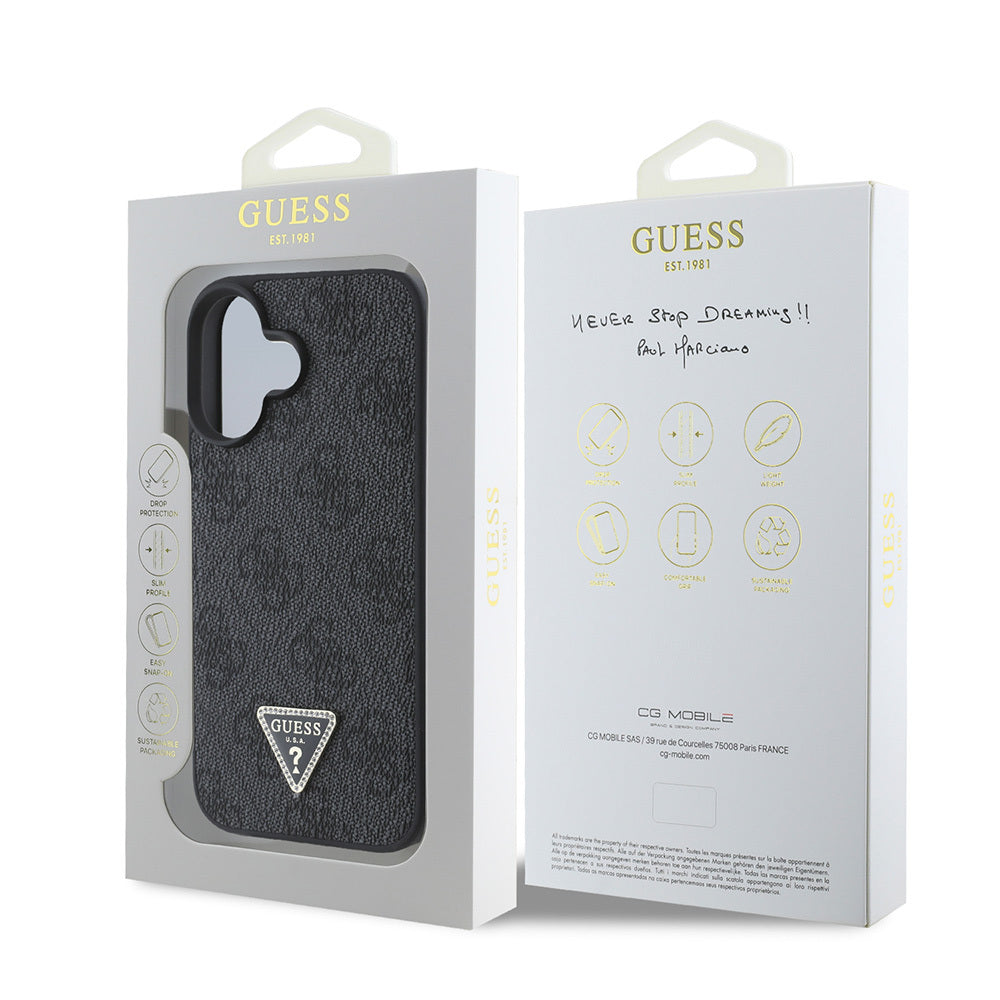 iPhone 16 Kılıf Guess Orijinal Lisanslı PU Deri Taşlı Üçgen Logo 4G Desenli Strass Kılıf