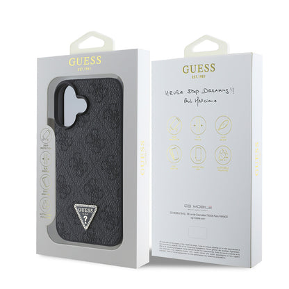 iPhone 16 Kılıf Guess Orijinal Lisanslı PU Deri Taşlı Üçgen Logo 4G Desenli Strass Kılıf