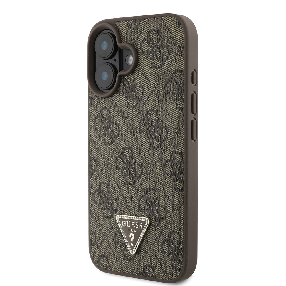 iPhone 16 Kılıf Guess Orijinal Lisanslı PU Deri Taşlı Üçgen Logo 4G Desenli Strass Kılıf