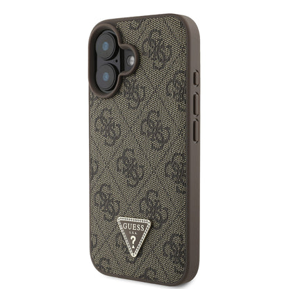 iPhone 16 Kılıf Guess Orijinal Lisanslı PU Deri Taşlı Üçgen Logo 4G Desenli Strass Kılıf