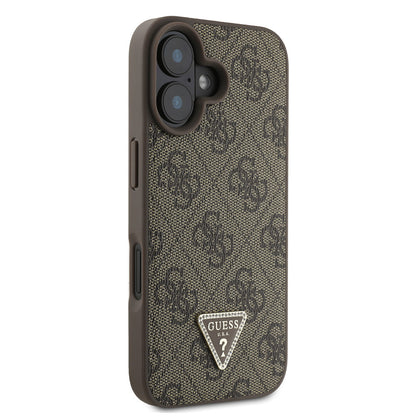 iPhone 16 Kılıf Guess Orijinal Lisanslı PU Deri Taşlı Üçgen Logo 4G Desenli Strass Kılıf