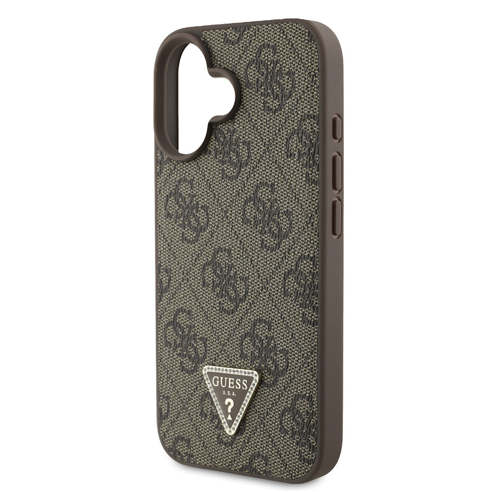 iPhone 16 Kılıf Guess Orijinal Lisanslı PU Deri Taşlı Üçgen Logo 4G Desenli Strass Kılıf