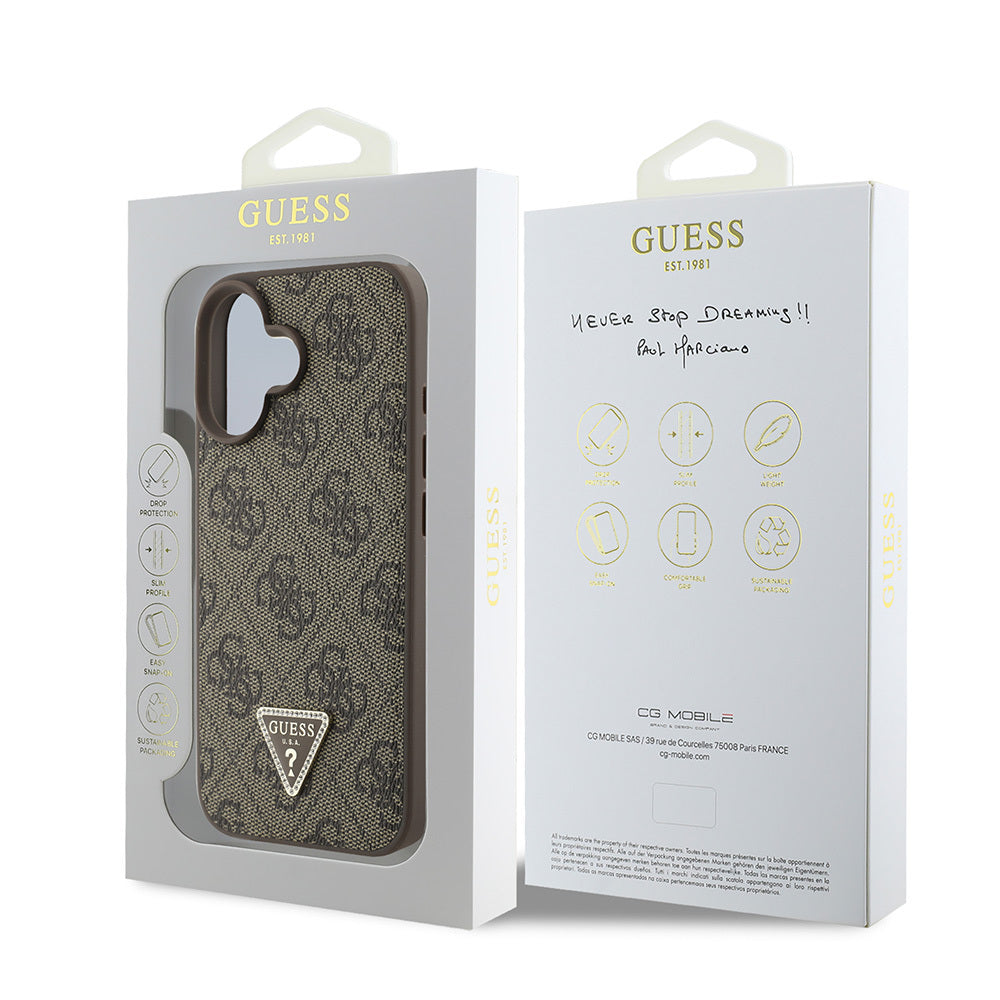 iPhone 16 Kılıf Guess Orijinal Lisanslı PU Deri Taşlı Üçgen Logo 4G Desenli Strass Kılıf