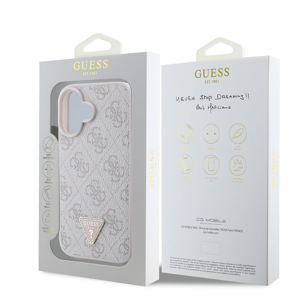 iPhone 16 Kılıf Guess Orijinal Lisanslı PU Deri Taşlı Üçgen Logo 4G Desenli Strass Kılıf