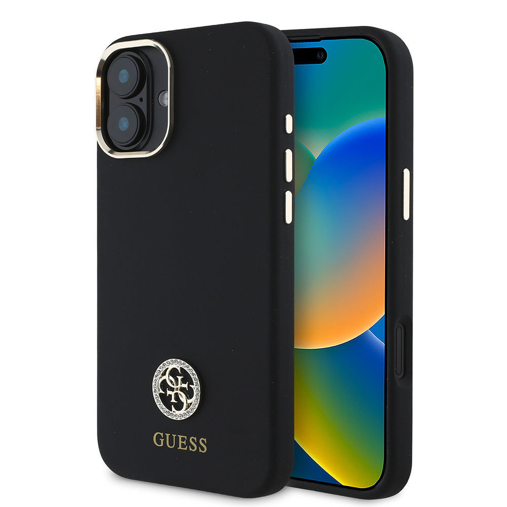 iPhone 16 Kılıf Guess Orijinal Lisanslı Yazı ve Taşlı 4G Logolu Metal Kamera Çerçeveli Silikon Kılıf