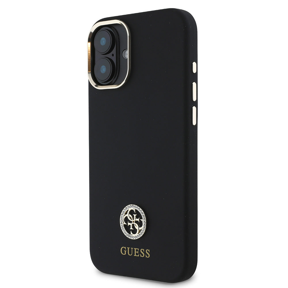 iPhone 16 Kılıf Guess Orijinal Lisanslı Yazı ve Taşlı 4G Logolu Metal Kamera Çerçeveli Silikon Kılıf