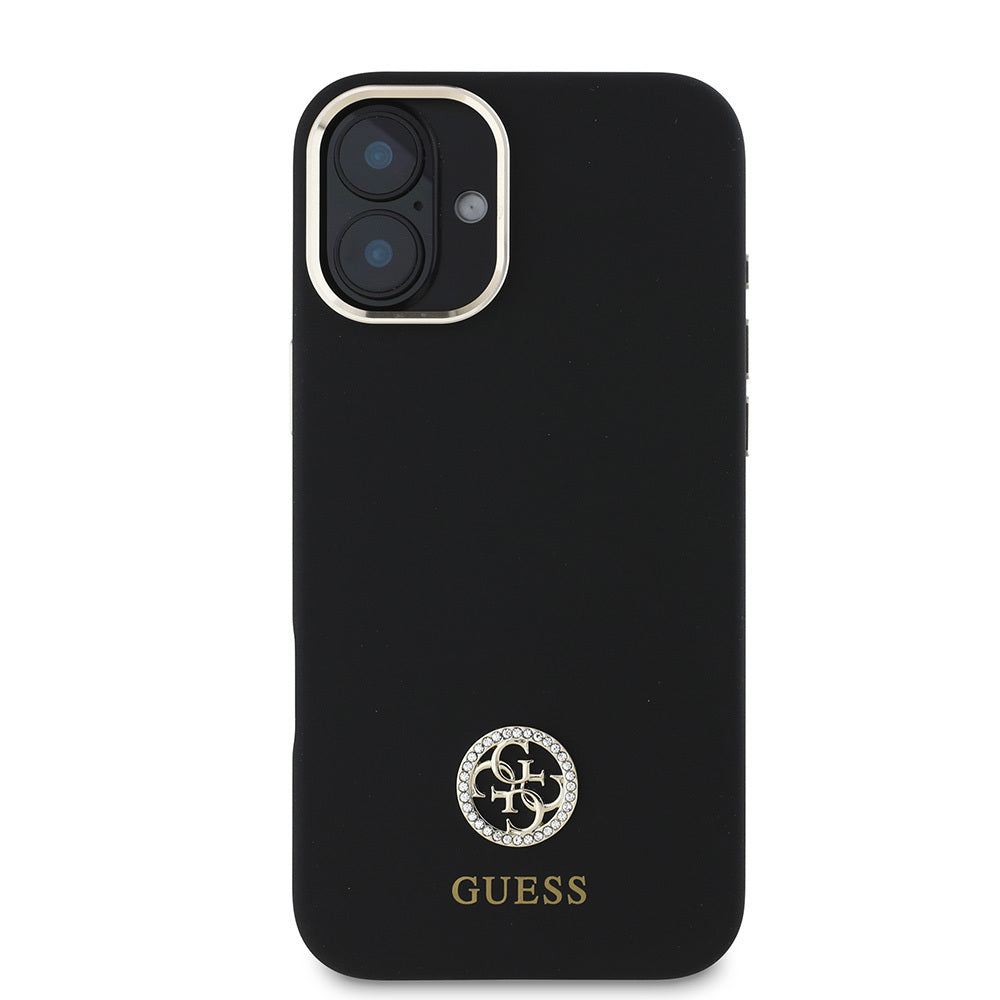iPhone 16 Kılıf Guess Orijinal Lisanslı Yazı ve Taşlı 4G Logolu Metal Kamera Çerçeveli Silikon Kılıf
