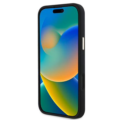 iPhone 16 Kılıf Guess Orijinal Lisanslı Yazı ve Taşlı 4G Logolu Metal Kamera Çerçeveli Silikon Kılıf