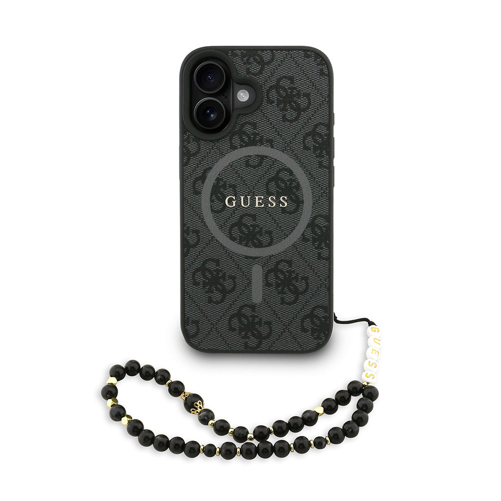 iPhone 16 Kılıf Guess orijinal Lisanslı M-safe Şarj Özellikli PU Deri Bilek Askı İpli Yazı Logolu Kılıf