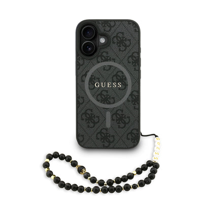 iPhone 16 Kılıf Guess orijinal Lisanslı M-safe Şarj Özellikli PU Deri Bilek Askı İpli Yazı Logolu Kılıf