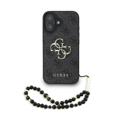 iPhone 16 Kılıf Guess orijinal Lisanslı PU Deri Bilek Askı İpli Metal Büyük 4G ve Yazı Logolu Kılıf