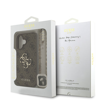 iPhone 16 Kılıf Guess orijinal Lisanslı PU Deri Bilek Askı İpli Metal Büyük 4G ve Yazı Logolu Kılıf