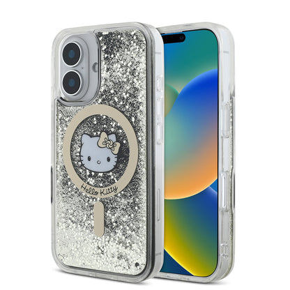 iPhone 16 Kılıf Hello Kitty Orijinal Lisanslı M-safe Şarj Özellikli IML Baskı Kitty Head Logolu Sıvılı Simli Altın Ateşi Kılıf