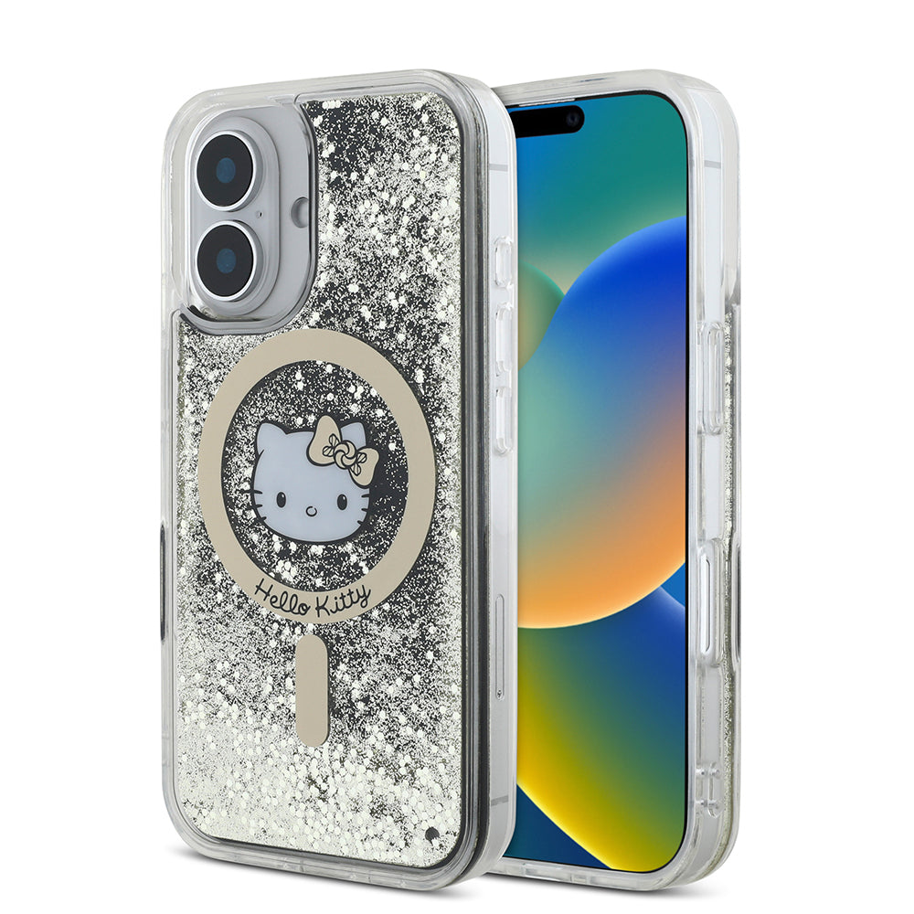 iPhone 16 Kılıf Hello Kitty Orijinal Lisanslı M-safe Şarj Özellikli IML Baskı Kitty Head Logolu Sıvılı Simli Altın Ateşi Kılıf