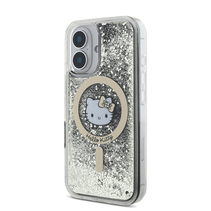 iPhone 16 Kılıf Hello Kitty Orijinal Lisanslı M-safe Şarj Özellikli IML Baskı Kitty Head Logolu Sıvılı Simli Altın Ateşi Kılıf