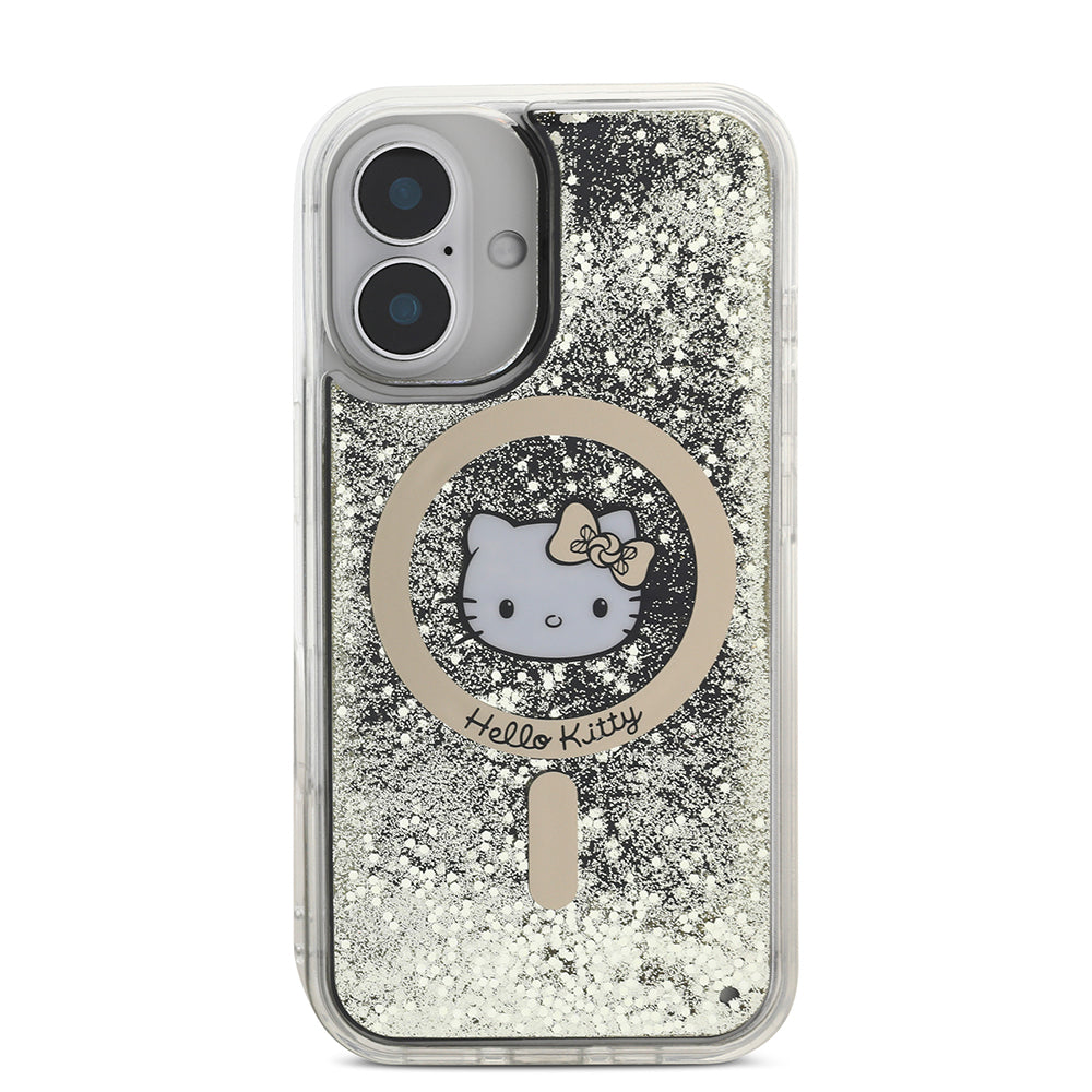 iPhone 16 Kılıf Hello Kitty Orijinal Lisanslı M-safe Şarj Özellikli IML Baskı Kitty Head Logolu Sıvılı Simli Altın Ateşi Kılıf