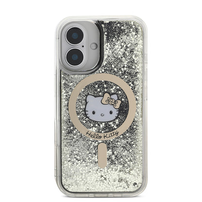 iPhone 16 Kılıf Hello Kitty Orijinal Lisanslı M-safe Şarj Özellikli IML Baskı Kitty Head Logolu Sıvılı Simli Altın Ateşi Kılıf